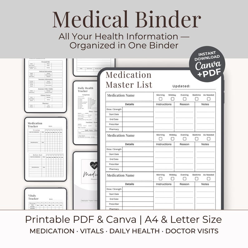 May include: A digital medical binder template with a medication master list, daily health tracker, and vital tracker. The template is available as a printable PDF and Canva file, A4 and Letter size. The text reads "Medical Binder".