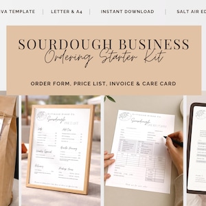 May include: A digital Sourdough Business Ordering Starter Kit with Canva template, letter & A4 size, and instant download. The kit includes an order form, price list, invoice, and care card. A loaf of bread is visible in a brown paper bag.