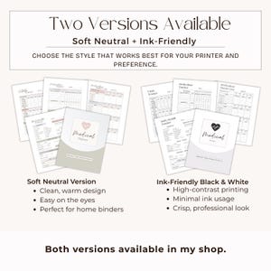 May include: Two versions of a medical planner are displayed: a soft neutral version with muted tones and an ink-friendly black and white version. Both sets include pages for vitals, medication tracking, and daily health logs with heart icons.