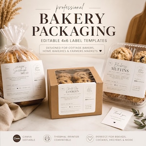 May include: Bakery packaging templates with labels for bread, cookies, and muffins. The image shows a loaf of sourdough bread, chocolate chip cookies, and blueberry muffins in clear and brown packaging. Text includes "professional BAKERY PACKAGING" and "EDITABLE 4x6 LABEL TEMPLATES."