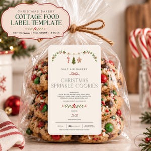 May include: A clear plastic bag tied with twine containing stacked cookies with red and green sprinkles. A rectangular label features the text Salt Air Bakery, Christmas Sprinkle Cookies, ingredients, and a date of 12/20, decorated with festive illustrations.
