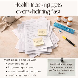 May include: A cluttered desk with handwritten notes, sticky notes reading "Call?" and "Refill!", pill bottles, and a weekly pill organizer. The image includes the text "Health tracking gets overwhelming fast."
