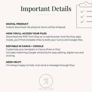 May include: A digital product information graphic with the heading Important Details and a clipboard icon. Text explains the instant download process, access via web browser, Canva and Google editing compatibility, and support contact information.