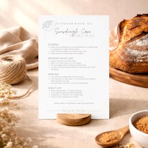Plantilla de tarjeta de cuidado de masa madre, inserto de instrucciones para pan horneado de panadería artesanal, tarjeta de empaque QR para pan artesanal de micropanadería minimalista