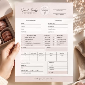 Könnte beinhalten: Ein hellrosa und weißes Bestellformular für "Sweet Treats" mit Abschnitten für Kunden- und Bestellinformationen. Das Formular enthält Optionen für Mini-Käsekuchen, Macarons, Cake Pops und Schokoladen-Erdbeeren. Eine Schachtel mit Leckereien ist sichtbar.