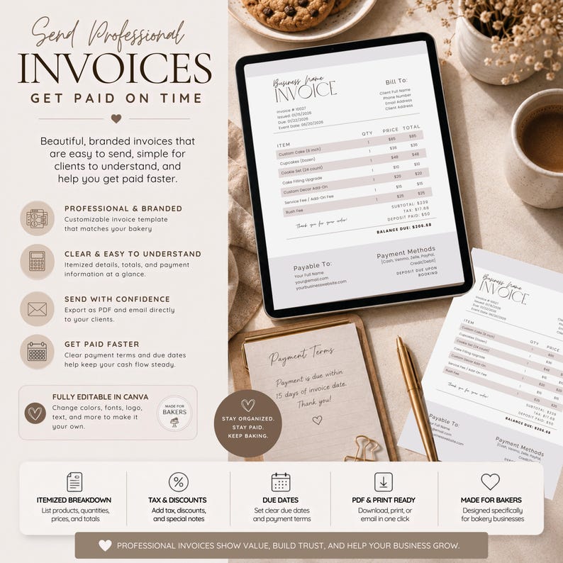 May include: A digital tablet displaying a business invoice template alongside a printed copy, a gold pen, and a notepad. The invoice features itemized sections for bakery products, totals, and payment methods, with text reading Send Professional Invoices.