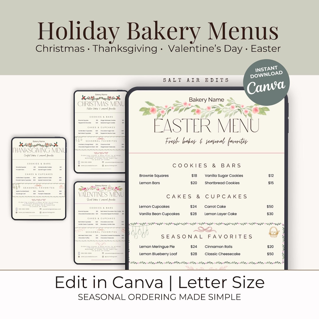 Editable Bakery Menu Holiday Bakery Menu Bundle, 4 Holidays Christmas Thanksgiving Valentine ...