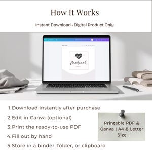 May include: A laptop displays a digital product with the text "Medical Planner" and a heart rate graphic. The image includes instructions: Download, Edit in Canva, Print PDF, Fill out by hand, and Store in a binder. The product is available in A4 and Letter sizes.