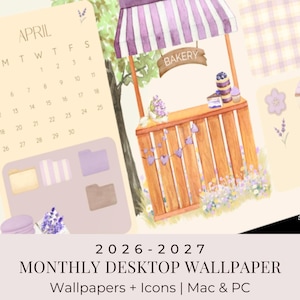 2026-2027 Calendar Desktop Organizer Wallpaper, Whimsical Watercolor Bakery Theme, Monthly Computer Folder Icons Set (Digital Download)