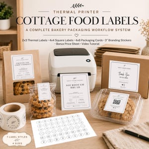 Thermische printer Cottage voedseletiketteringssysteem, compatibel met Rollo Munbyn Zebra, allergenenstickers voor bakkerij-ingrediënten, bewerkbaar in Canva-formaat (2x3 en 4x6 inch)