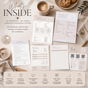 May include: A collection of business templates for a bakery, including an order form, services and rates sheet, client contract, invoice, order tracker, and a scan-to-pay sign. The documents feature neutral beige tones and organized text layouts.