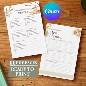 Thanksgiving Planner Bundle, Printable Holiday Dinner Organizer, Editable Canva Template, Fall Feast Menu Planner, Shopping List Recipe Card