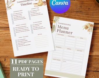 Thanksgiving Planner Bundle, Printable Holiday Dinner Organizer, Menu Planner Shopping List Recipe Cards, Canva