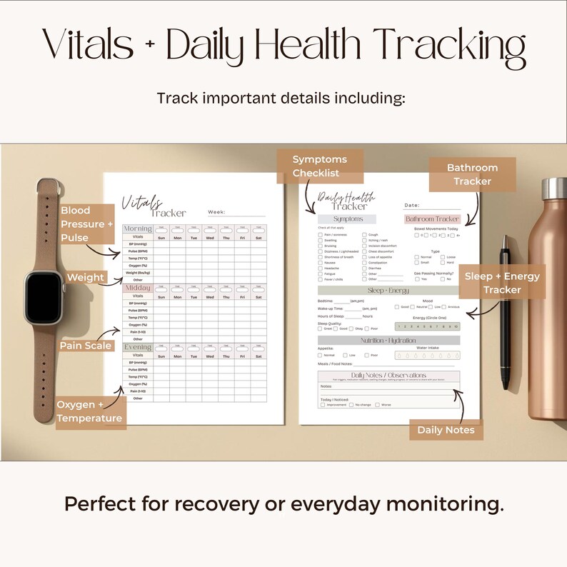 May include: A health tracking set with the text "Vitals + Daily Health Tracking". Includes a smartwatch, a water bottle, and two sheets for tracking blood pressure, pulse, weight, pain, and more. The text says "Perfect for recovery or everyday monitoring."