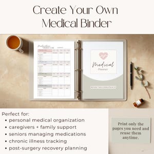 May include: A clear binder with gold rings, open to display a medication master list and a medical planner cover. The cover has a pink heart graphic and the words "Medical Planner". The text "Create Your Own Medical Binder" is at the top.