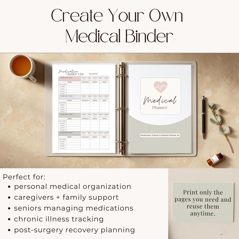 May include: A clear binder with gold rings, open to display a medication master list and a medical planner cover. The cover has a pink heart graphic and the words "Medical Planner". The text "Create Your Own Medical Binder" is at the top.