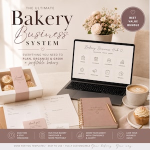 Puede incluir: Un paquete de sistema empresarial de panadería digital que incluye una computadora portátil con un panel de control, una caja blanca con cupcakes, un cuaderno de espiral con un bolígrafo dorado, formularios de pedido y un plan de horneado semanal.