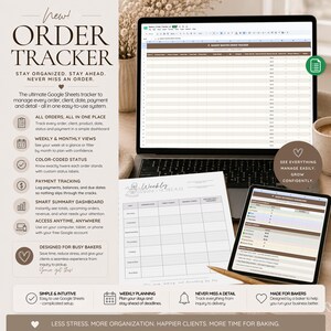 May include: A digital order tracker for Google Sheets displayed on a laptop and tablet screen. The interface features columns for order details, payment tracking, and status updates. A printed weekly baking schedule sits on the desk.
