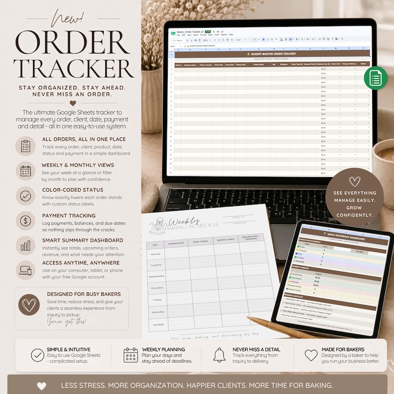 May include: A digital order tracker for Google Sheets displayed on a laptop and tablet screen. The interface features columns for order details, payment tracking, and status updates. A printed weekly baking schedule sits on the desk.