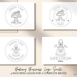 Op de afbeelding: Vier witte kaarten met logo's met een bakkerijthema. Elk logo is een lijntekening in een cirkel. Eén toont een taart, een andere een schort en de andere variaties daarop. Tekst bevat "Bakery Name", "Katie Cross, Baker" en "Made with Love."