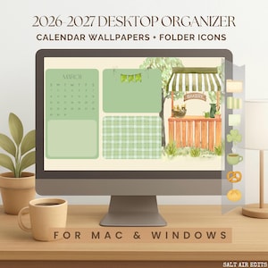 Papel de parede para organizador de desktop 2026-2027, tema de padaria encantadora, conjunto de ícones de pastas para computador (download de calendário digital)