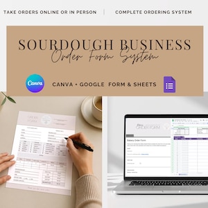 May include: Image of a laptop and a printed form, both displaying an order form. The laptop screen shows a digital form, while a person's hands are writing on the printed form. The image also includes the text "SOURDOUGH BUSINESS Order Form System".