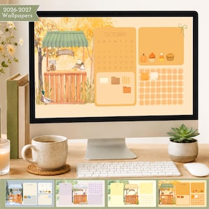 Puede incluir: Un conjunto de fondos de pantalla digitales para escritorio con un calendario 2026-2027 con temática de octubre. La pantalla muestra una ilustración en acuarela de un puesto de panadería, un pato e iconos otoñales sobre un fondo naranja.