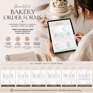 May include: A digital tablet displaying a bakery order form template with fields for customer details, order specifics, and pricing. The set includes six editable forms for cakes, cupcakes, cookies, brownies, sweet treats, and general orders.