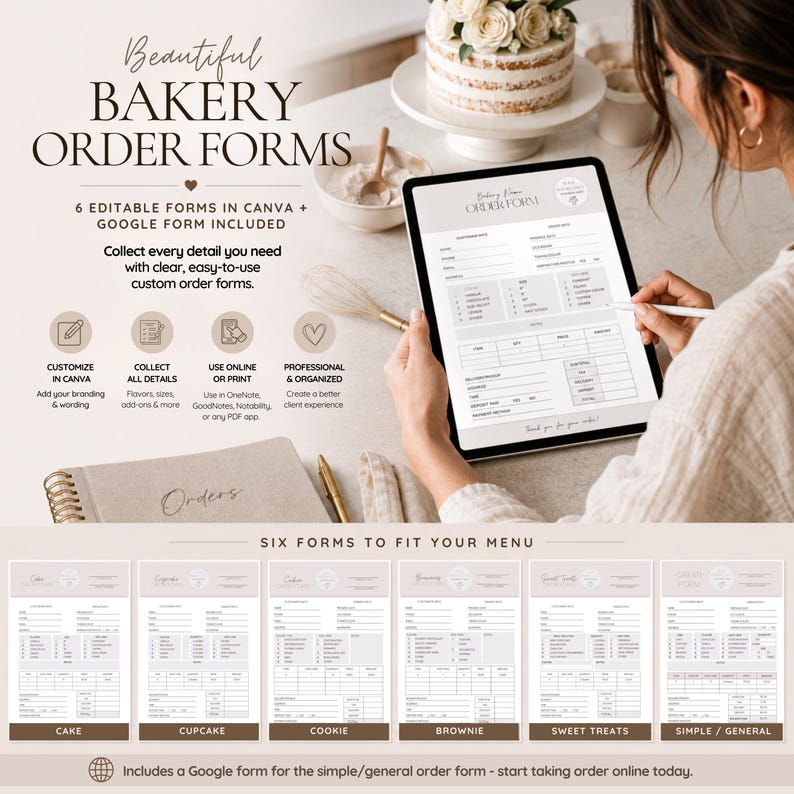May include: A digital tablet displaying a bakery order form template with fields for customer details, order specifics, and pricing. The set includes six editable forms for cakes, cupcakes, cookies, brownies, sweet treats, and general orders.