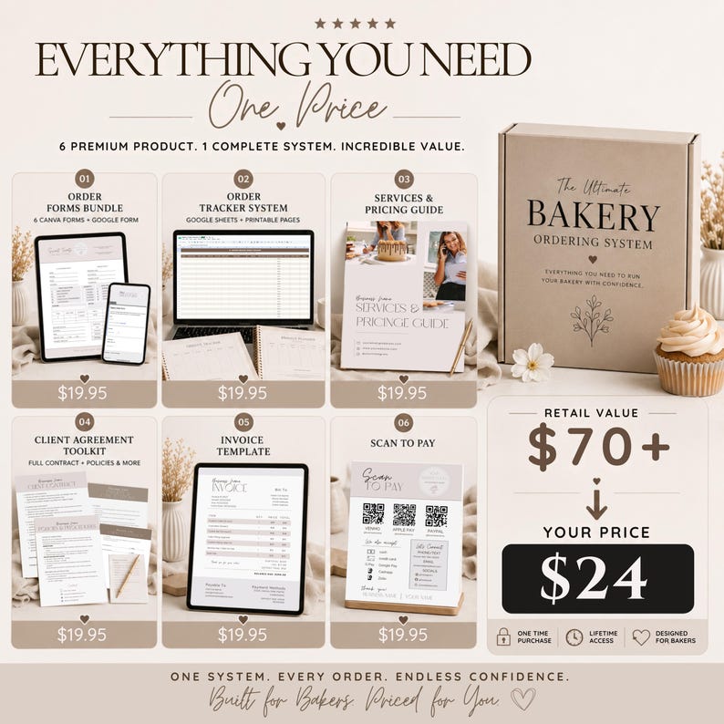 May include: A digital bakery ordering system bundle featuring six components: order forms, a tracker, a services guide, a client agreement toolkit, an invoice template, and a scan-to-pay sign, all presented in a branded cardboard box.