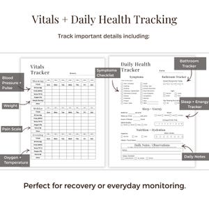 May include: A white health tracking journal with the text "Vitals + Daily Health Tracking." The journal includes sections for tracking vitals, symptoms, sleep, energy, and daily notes. It is designed for health monitoring.