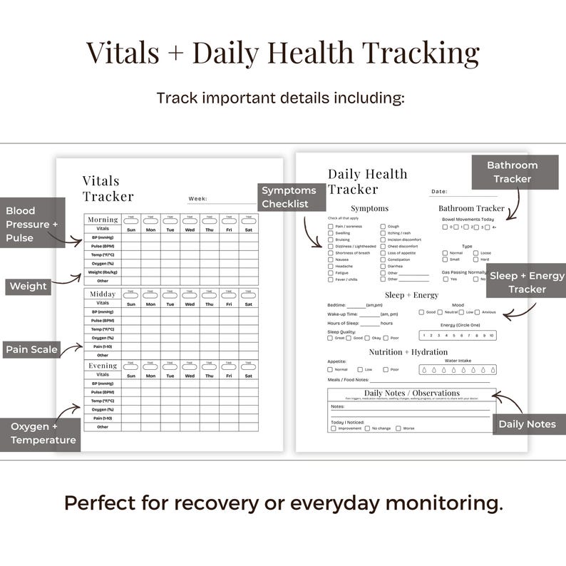 May include: A white health tracking journal with the text "Vitals + Daily Health Tracking." The journal includes sections for tracking vitals, symptoms, sleep, energy, and daily notes. It is designed for health monitoring.