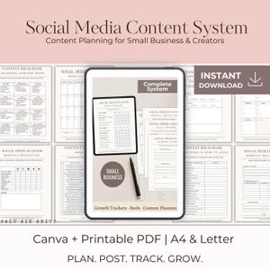 May include: A digital social media content system with a tablet displaying a planner, surrounded by various planning templates. The text includes "Social Media Content System" and "Instant Download". Includes Canva and PDF formats.
