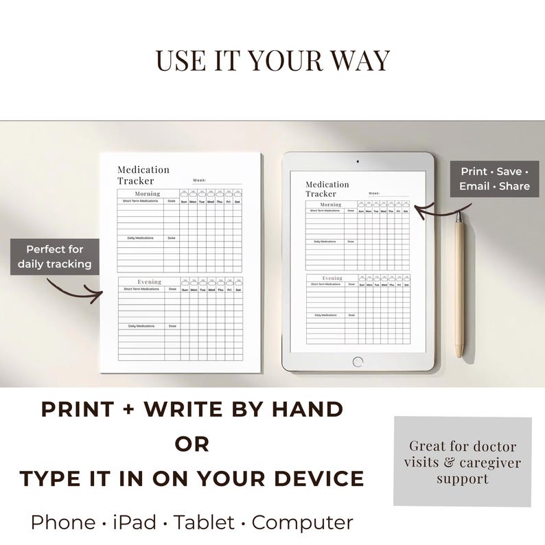 May include: A medication tracker displayed on paper and a tablet. The text "USE IT YOUR WAY" is at the top. The paper version is labeled "Perfect for daily tracking." The text "PRINT + WRITE BY HAND OR TYPE IT IN ON YOUR DEVICE" is also visible.