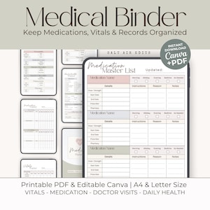May include: A digital medical binder with templates for tracking medications, vitals, and doctor visits. The design includes a medication master list, a medication tracker, and a vitals tracker. The text reads "Medical Binder" and "Keep Medications, Vitals & Records Organized."
