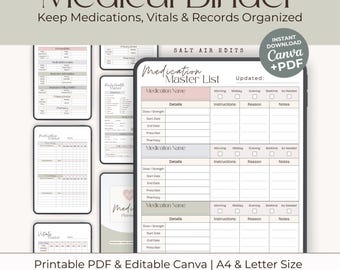 May include: A digital medical binder with templates for tracking medications, vitals, and doctor visits. The design includes a medication master list, a medication tracker, and a vitals tracker. The text reads "Medical Binder" and "Keep Medications, Vitals & Records Organized."