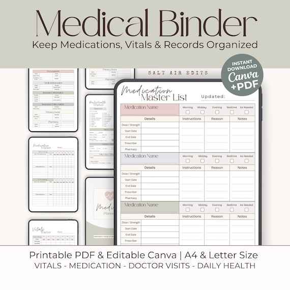 Medical Binder Printable Bundle, Medication Tracker Vitals Log PRN Pill Log, Caregiver Health Organizer Post Surgery
