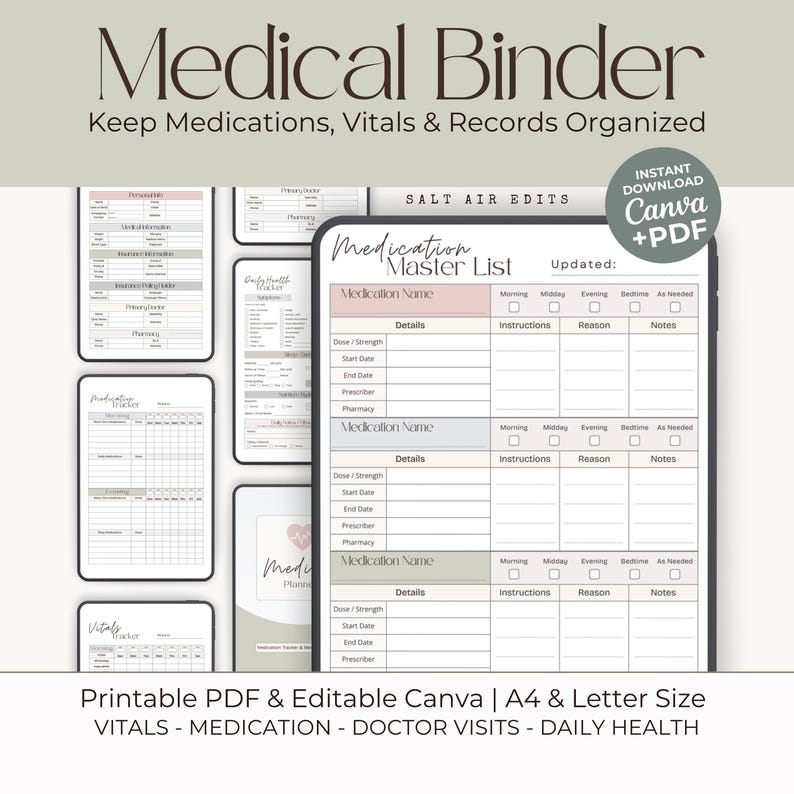 May include: A digital medical binder with templates for tracking medications, vitals, and doctor visits. The design includes a medication master list, a medication tracker, and a vitals tracker. The text reads "Medical Binder" and "Keep Medications, Vitals & Records Organized."