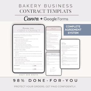Bakkerijcontractsjabloon, Klantenovereenkomst voor thuisbakkers, Voorwaarden voor op maat gemaakte taarten, Bewerkbaar Canva- en Google Doc-bestand, Formulieren voor thuisbakkerijen in de voedingssector