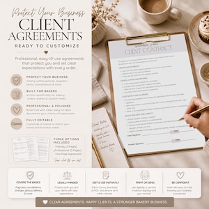 May include: A set of editable client agreement templates for bakery businesses, featuring a clipboard with a printed contract, a client notes pad, and informational text detailing features like Canva compatibility, payment terms, and cancellation policies.