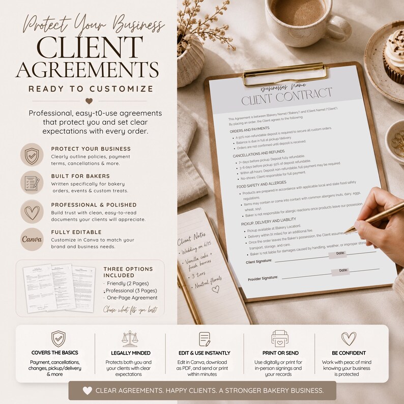 May include: A set of editable client agreement templates for bakery businesses, featuring a clipboard with a printed contract, a client notes pad, and informational text detailing features like Canva compatibility, payment terms, and cancellation policies.