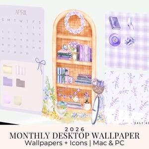 2026 Calendar Desktop Wallpaper Organizer, Monthly Book Lover Computer Background, Laptop Screensavers + Folder Icons, Digital Desktop Setup