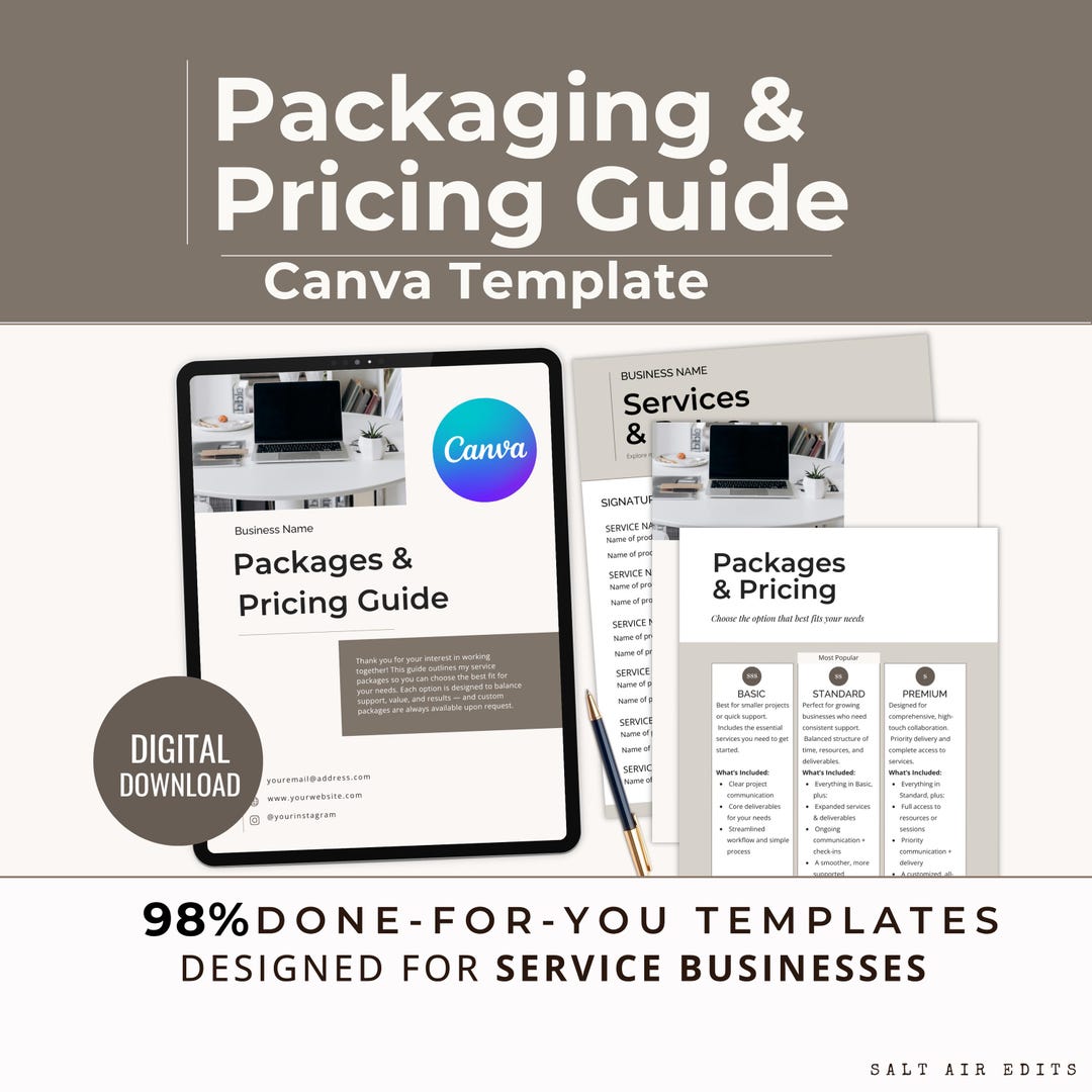 Package Rates Design Packages and Pricing Guide Template, Editable Canva Design, Service ...