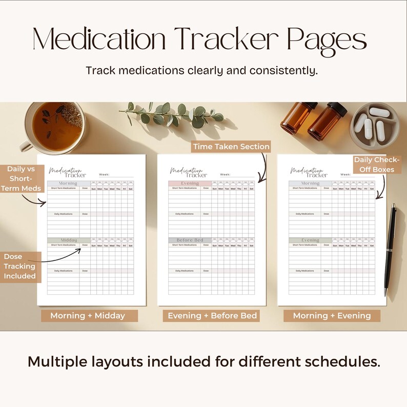 May include: A set of medication tracker pages with the text "Medication Tracker Pages" and "Track medications clearly and consistently." The pages include sections for morning, midday, evening, and before bed, with daily check-off boxes. Multiple layouts are included.