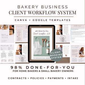 May include: A digital marketing product for bakeries. The image shows a tablet displaying a "Client Workflow Kit" with an apron, wooden spoons, and jars. Surrounding the tablet are various documents, including a welcome package, proposal, and intake form. Text includes "Bakery Business Client Workflow System."