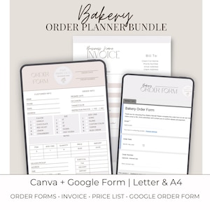 Paquete de herramientas para planificar pedidos de panadería, plantilla de formulario de pedido de panadería, plantilla de factura, lista de precios, formulario de pedido de Google, plantillas para negocios de panadería
