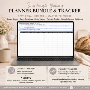 May include: A laptop displaying a Sourdough Bakery Planner Bundle & Tracker spreadsheet. The screen shows columns for order number, customer name, contact, loaf type, quantity, dates, and payment status. Text includes Google Sheets and Canva.