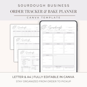 Pacchetto di strumenti per la pianificazione della panificazione con lievito madre, registro degli ordini di pane, foglio di pianificazione per la giornata di infornata, organizzatore per la preparazione degli ingredienti, lista di controllo per la produzione di prodotti da forno artigianali.