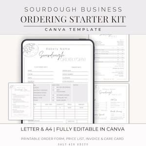 May include: A digital template for a sourdough bakery business starter kit. The kit includes an order form, price list, invoice, and care card. The design is in black and white with the text "Sourdough Business Ordering Starter Kit" at the top.