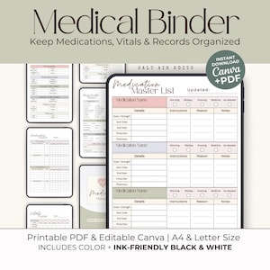 Medical Binder Printable Bundle, Medication Tracker Printable, Vitals Log, PRN Medication Log, Doctor Notes, Health Tracker